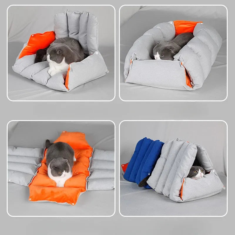 Blue triangular cotton cat nest bed with drilled holes for combination.