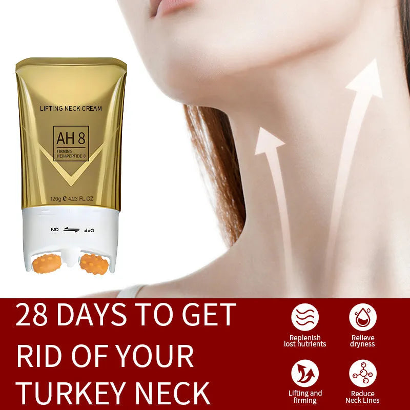 Jar of 120g roller neck cream for firming and wrinkle reduction with massage applicator.