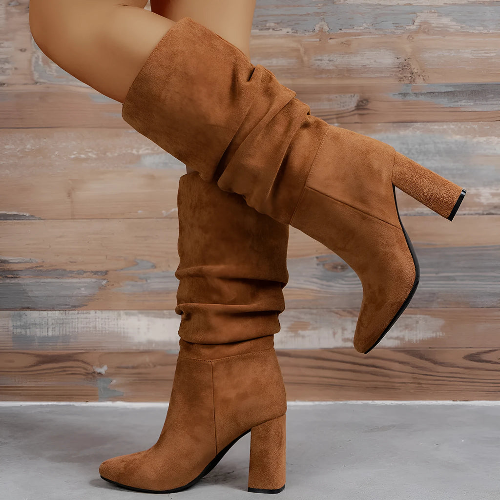 Camel suede high heel boots for women square heel above 8cm slip-on oversleeves style round toe