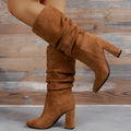 Camel suede high heel boots for women square heel above 8cm slip-on oversleeves style round toe