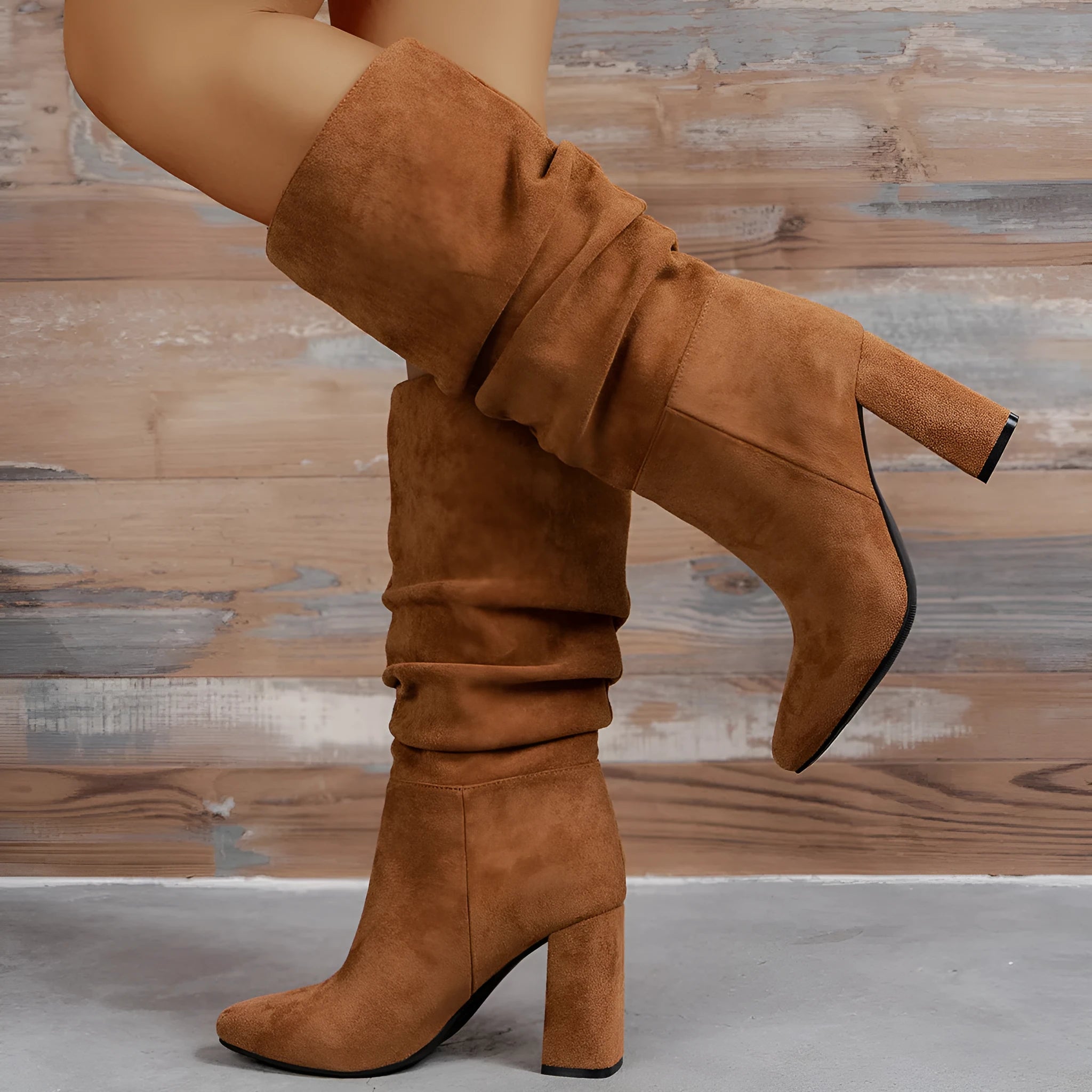 Camel suede high heel boots for women square heel above 8cm slip-on oversleeves style round toe