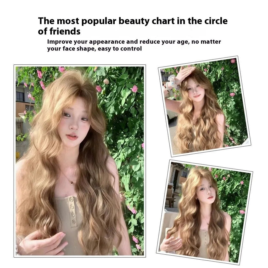 Brown medium length curly synthetic wig with linen shade and defined curls