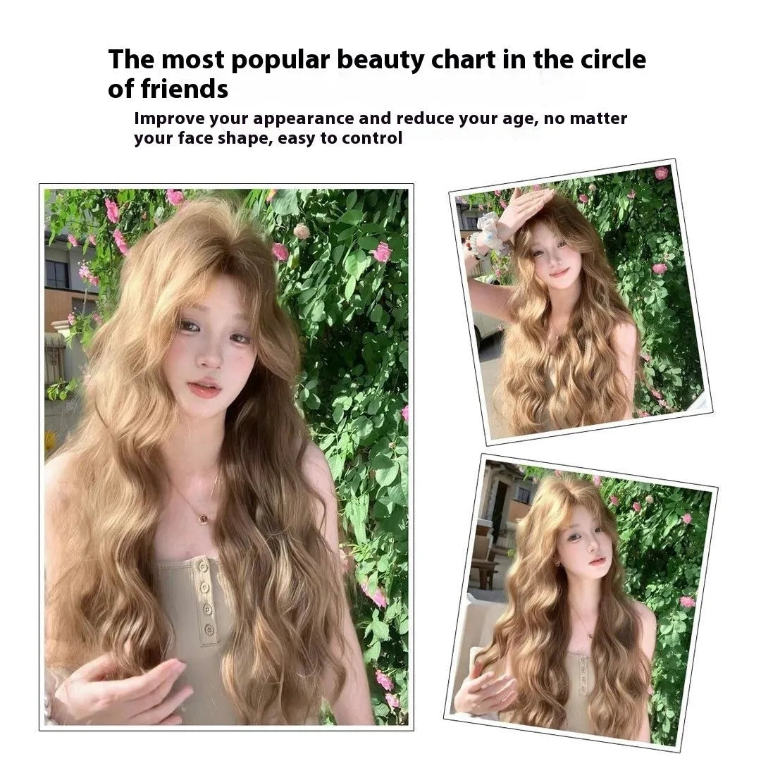 Brown medium length curly synthetic wig with linen shade and defined curls