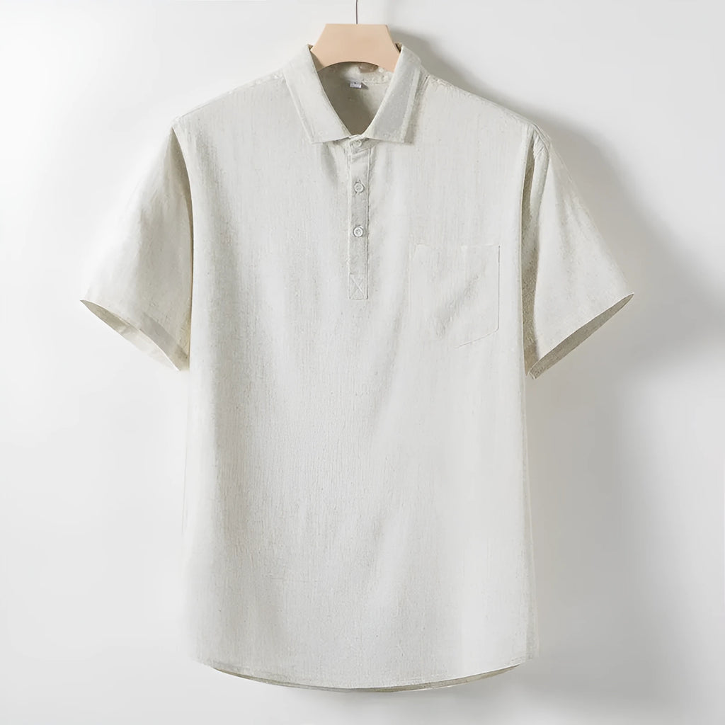 Men's loose-fit linen T-shirt with a lapel collar in black, linen, or white.