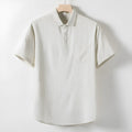 Men's loose-fit linen T-shirt with a lapel collar in black, linen, or white.