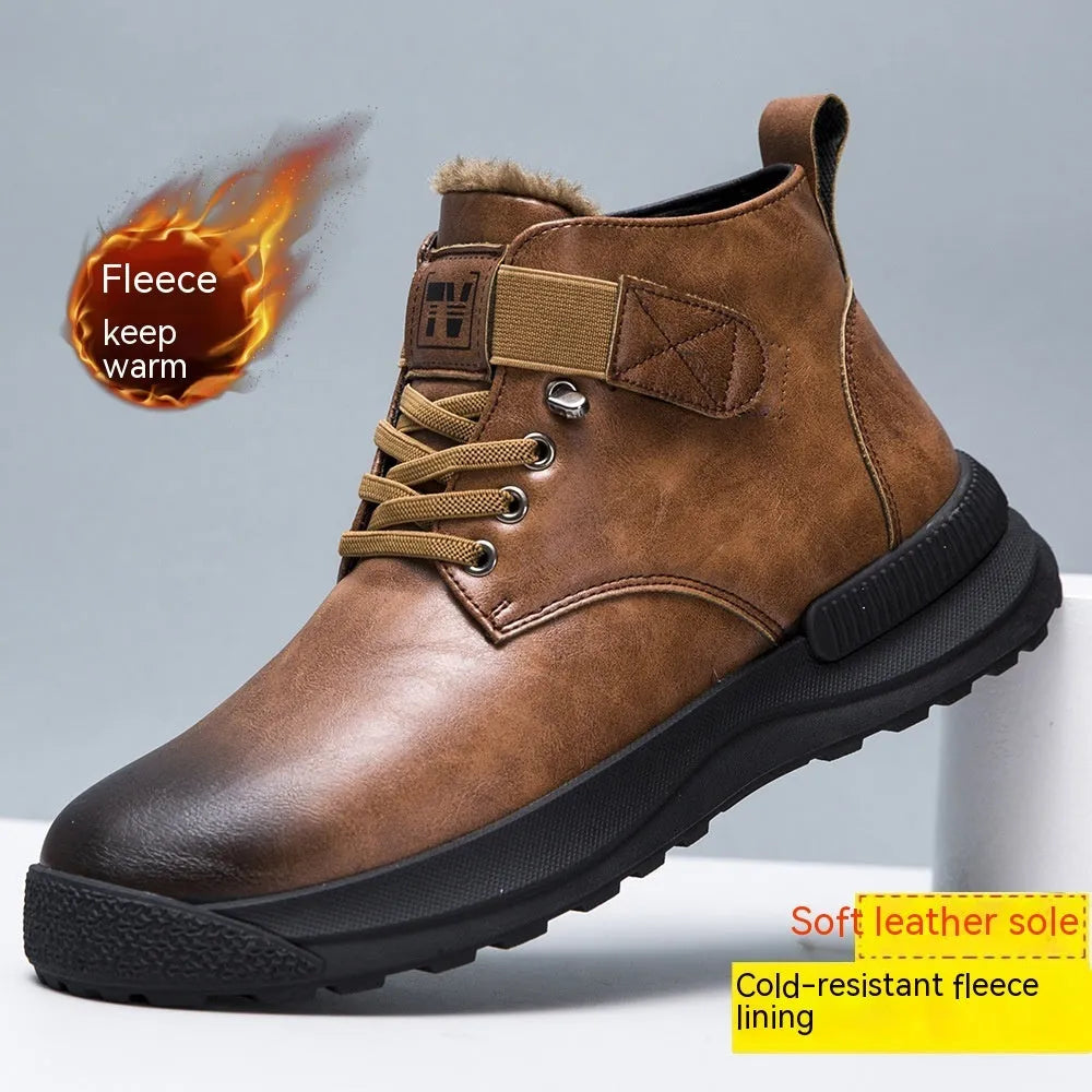 Men's black and brown Martin platform boots with high-top design and artificial PU upper