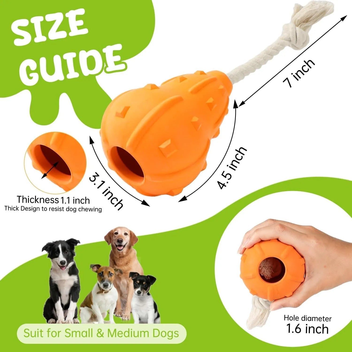 Natural rubber stuffable dog chew toy with a long strap for small to medium dogs.