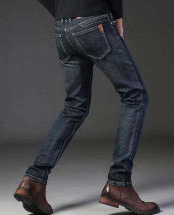 Men's straight stretch slim fit casual denim trousers in blue, cotton fabric, low waist, zipper fly