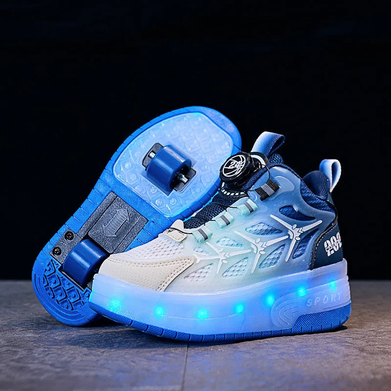 Children's flash knob roller skating shoes with rotate button closure in blue colour
