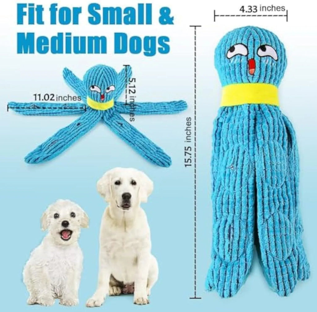 Plush octopus squeaky dog toy with crinkle fabric in blue colour for small dogs