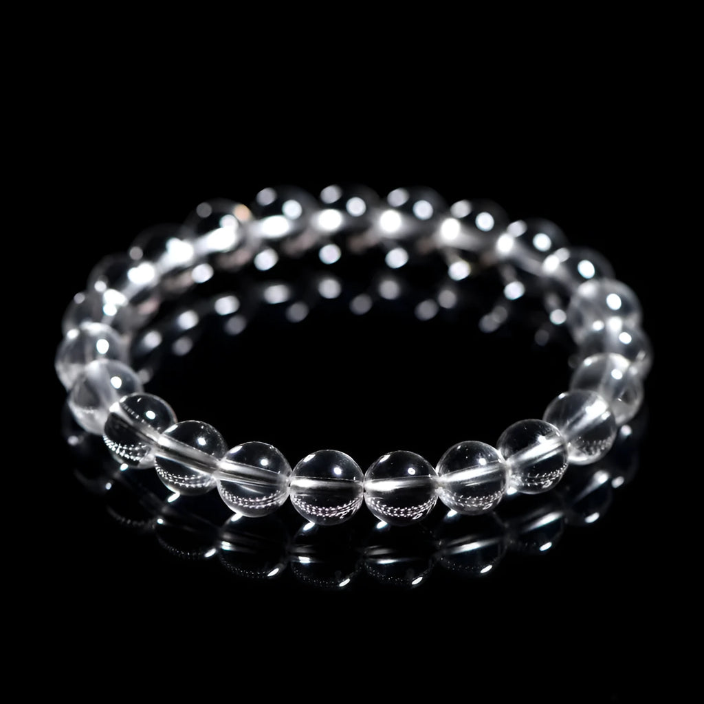 Natural Donghai Old Mine white crystal round bead bracelet on a wrist, showing geometric single circle design.