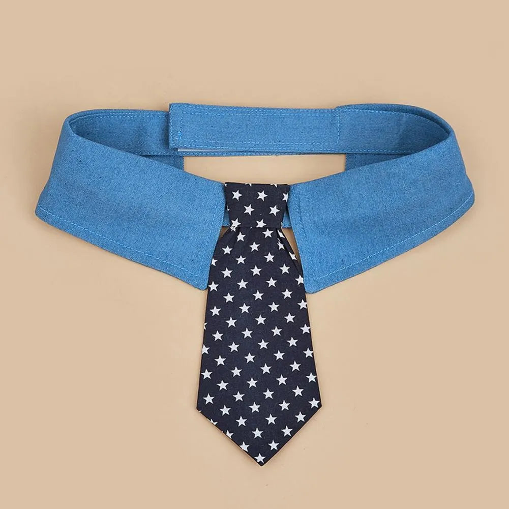 Denim dog collar with star pattern design showing adjustable fastener tape and bow/tie style options