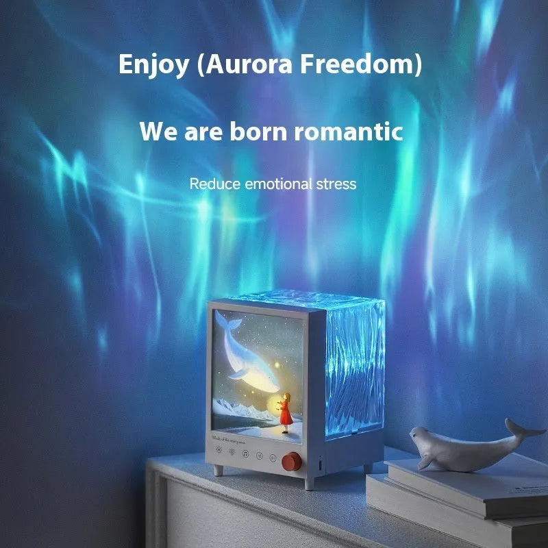 Aurora Treasure Box projection lamp projecting Star Sea Whale light pattern with Bluetooth speaker functionality
