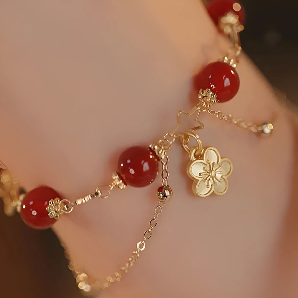 Natural red agate double layer bracelet with floral peach blossom design for women