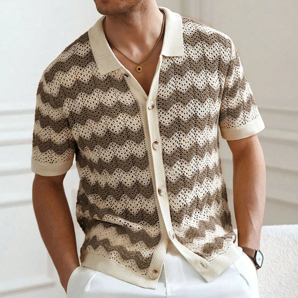 Short sleeve blue American-style sweater with hollow jacquard corrugated texture and flocking detail