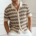 Short sleeve blue American-style sweater with hollow jacquard corrugated texture and flocking detail