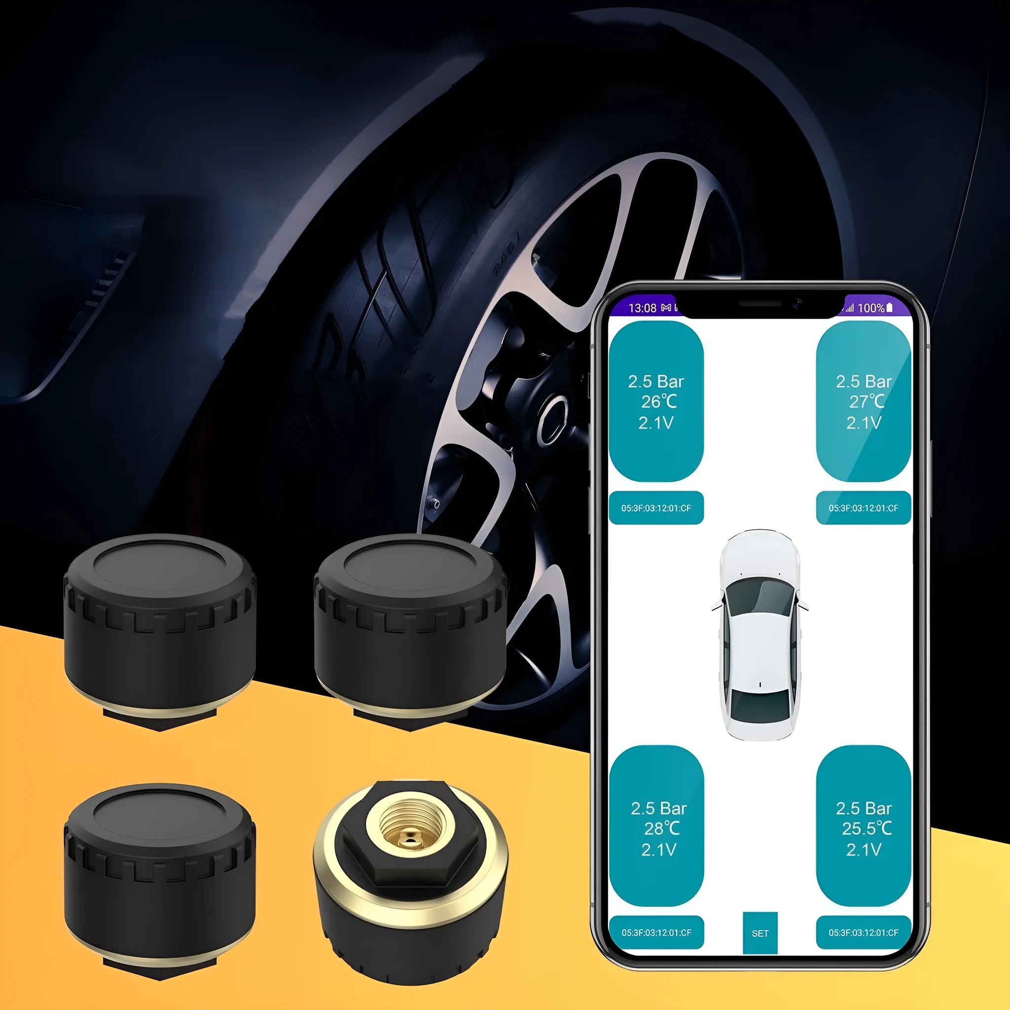 Four black Bluetooth tyre pressure monitors for smartphone connection with IP67 waterproof rating