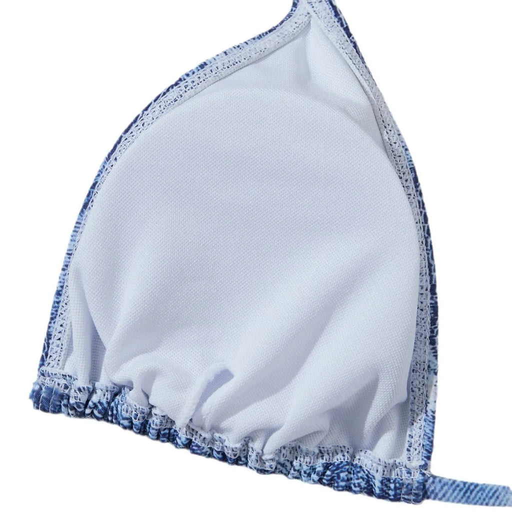 Denim blue women's bikini set with printed straps and triangle top design
