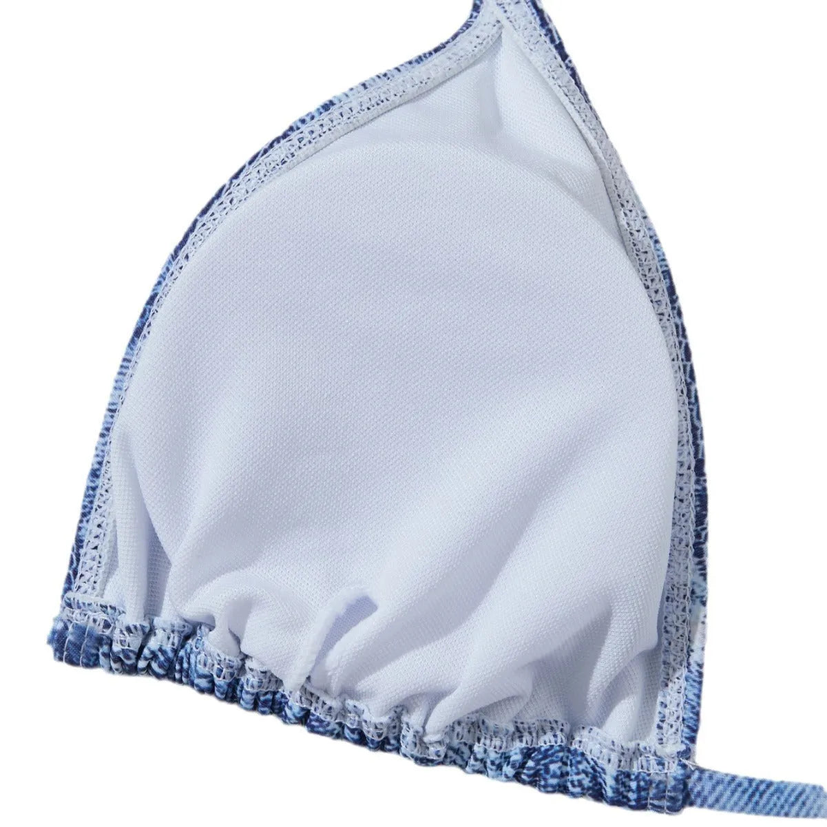 Denim blue women's bikini set with printed straps and triangle top design