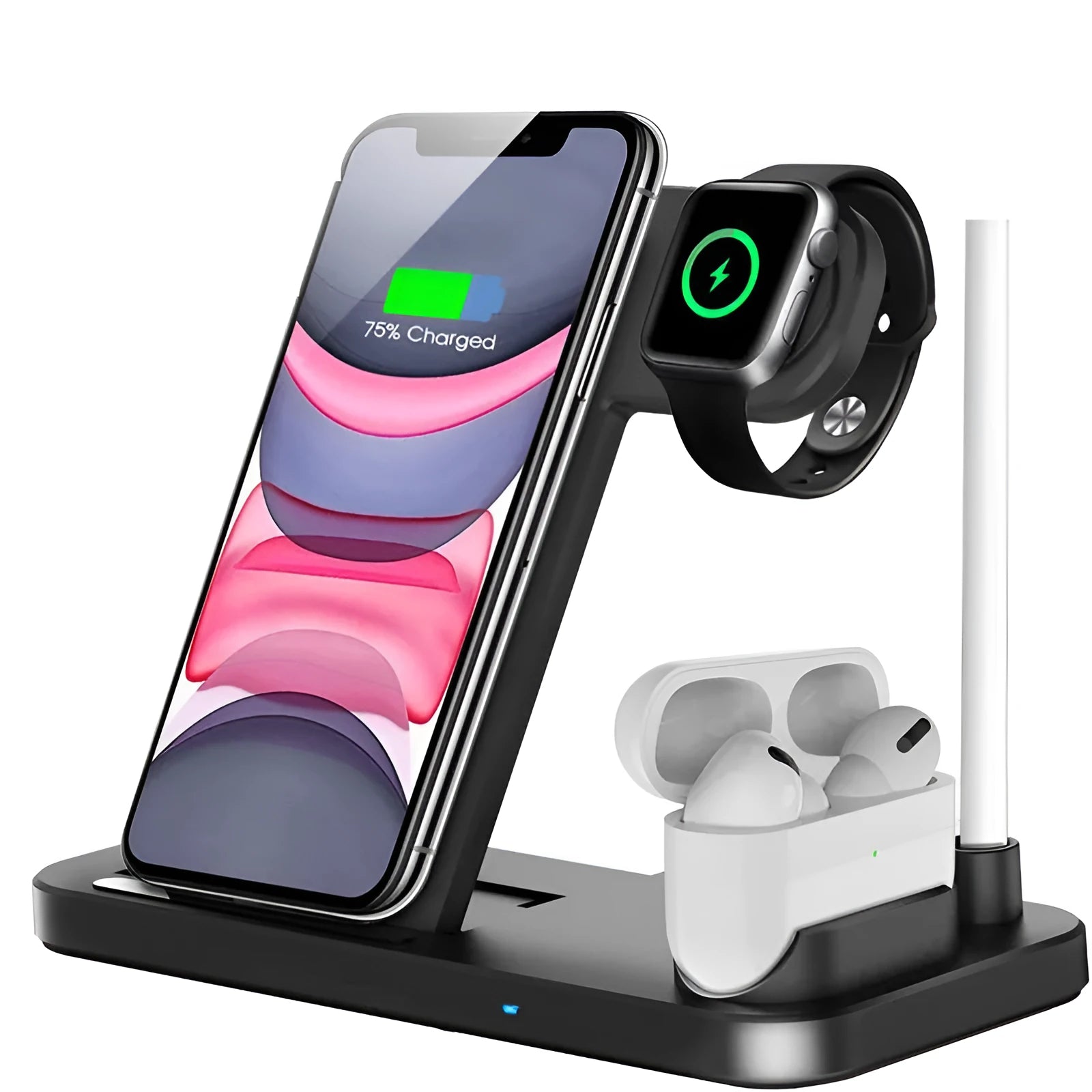 Folding 4-in-1 wireless charger showing iPhone, Apple Watch, and AirPods charging simultaneously in vertical stand orientation