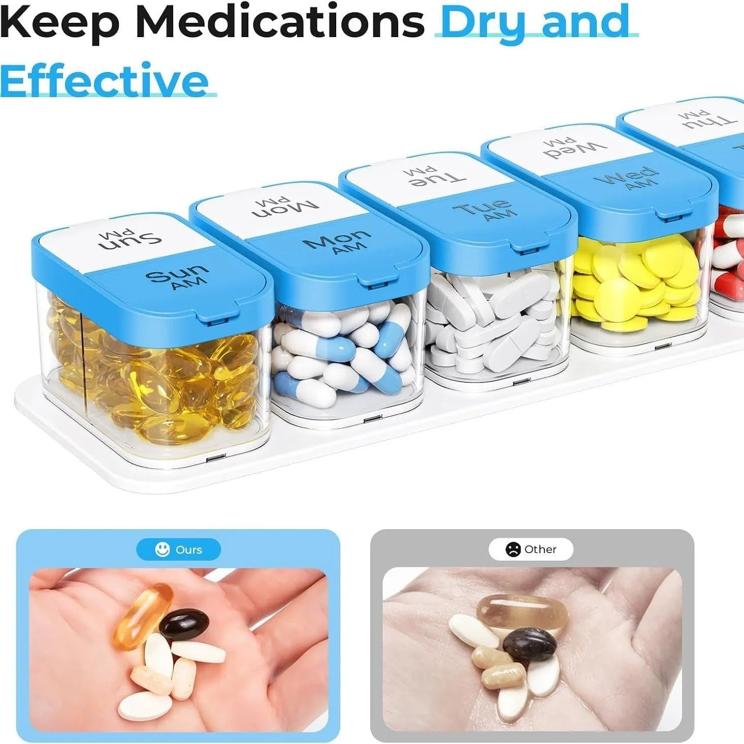 Amazon extra large portable pill dispenser with 14 removable compartments in white or rainbow colours