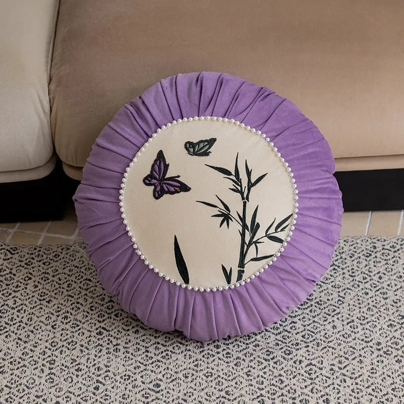 Square cushion with Chinese style butterfly embroidery in beige, black, and purple colours