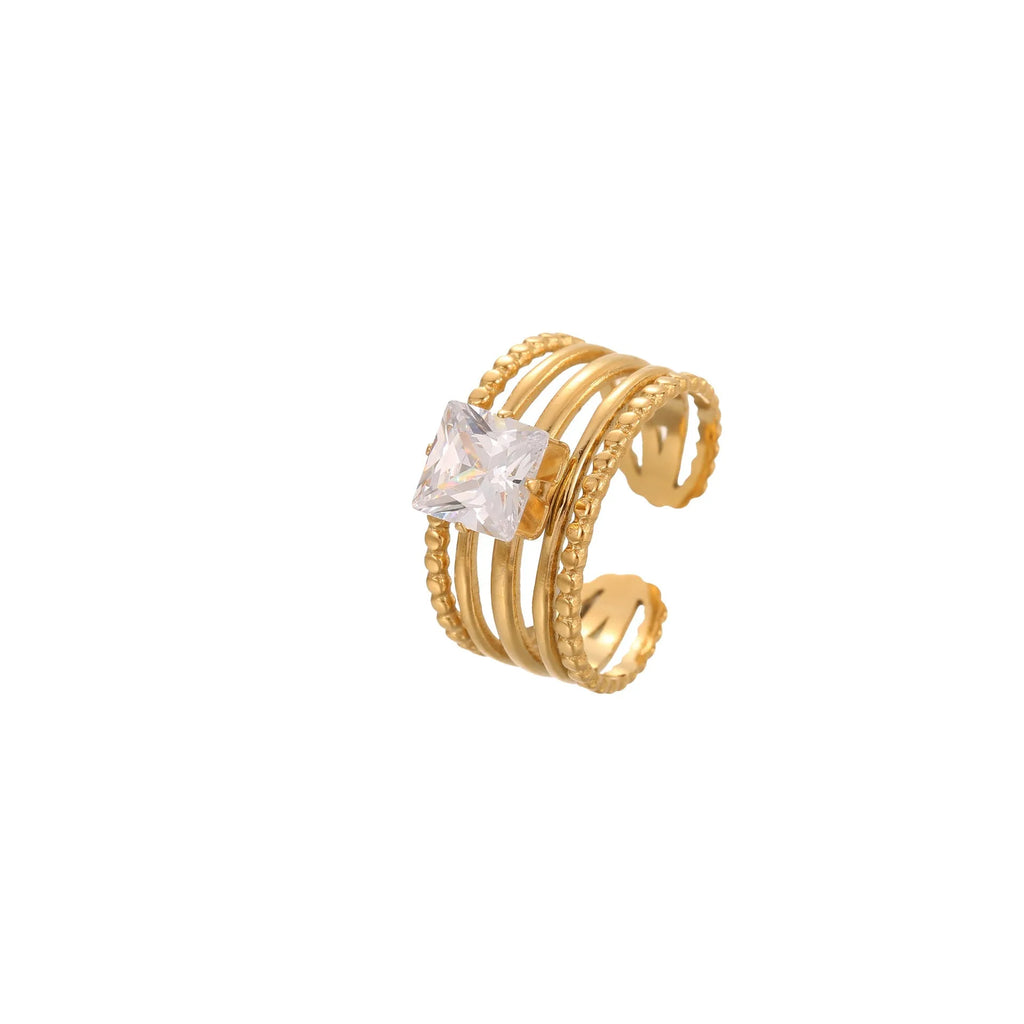 Geometric gold-electroplated stainless steel women's ring with zircon inlays and open mouth adjustable design