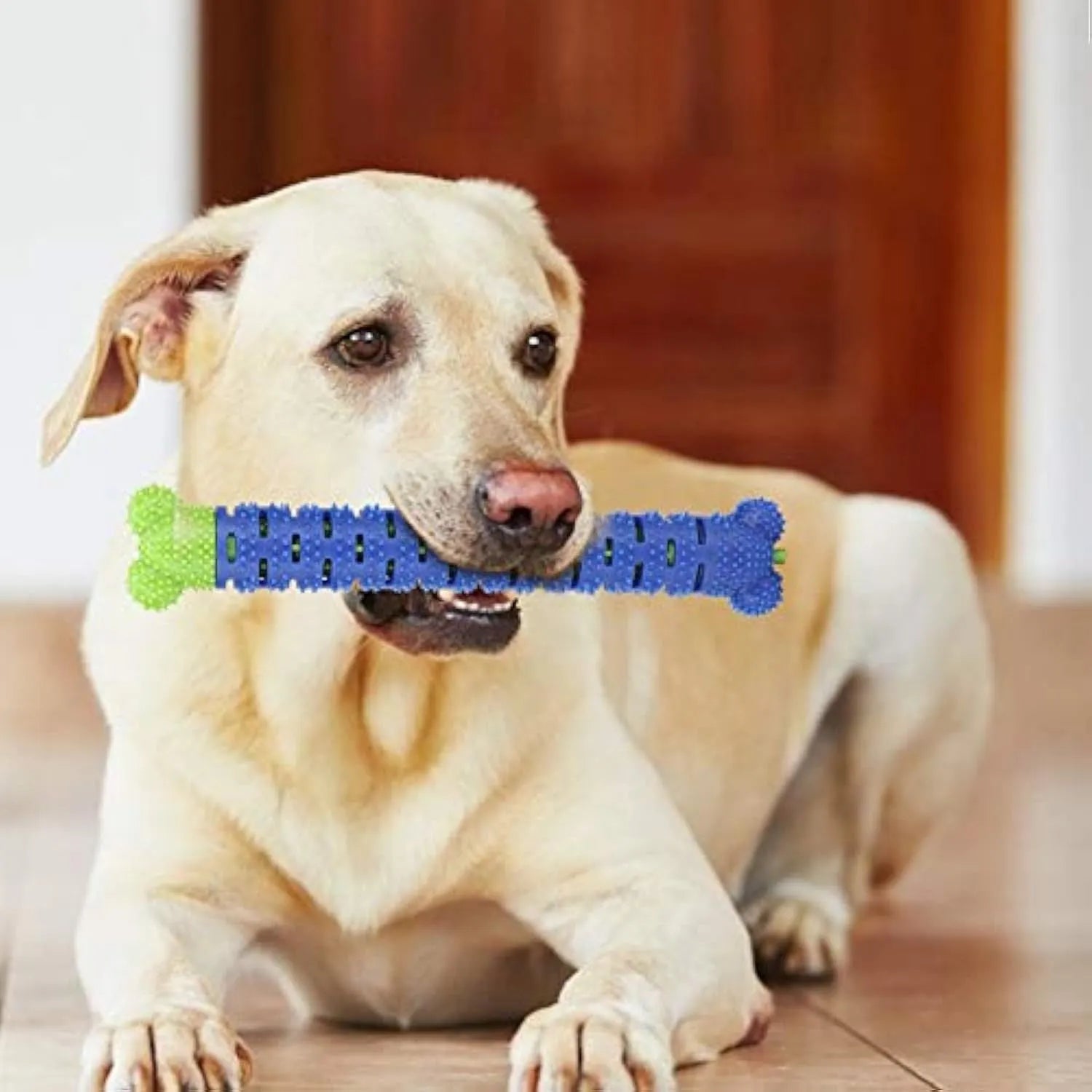 Blue silicone dog teeth cleaning stick with serrated brush head and gum massage nodules