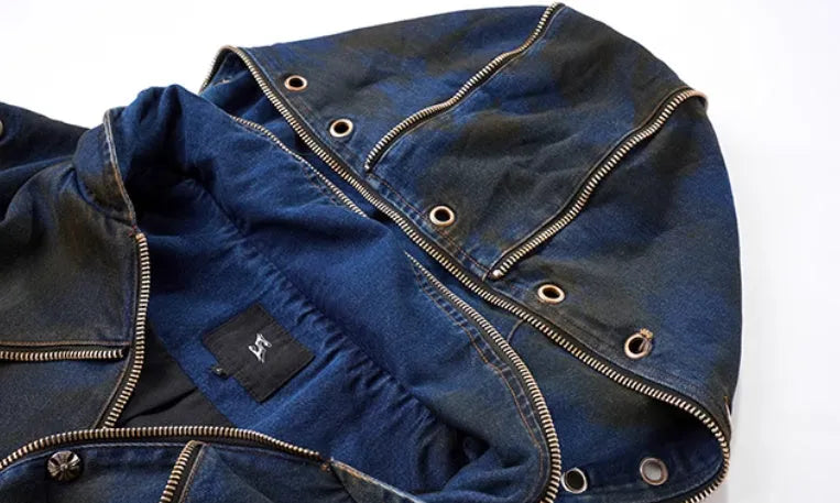 Blue denim vest coat with hood and matching trousers Korean style set