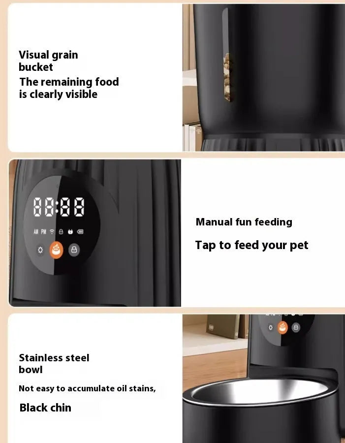 Black and white automatic intelligent pet feeder with digital display and food bowl.