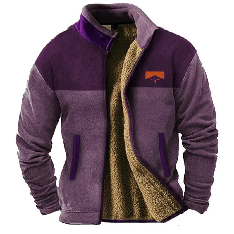 Men's green fleece-padded polyester coat on a hanger, regular fit.