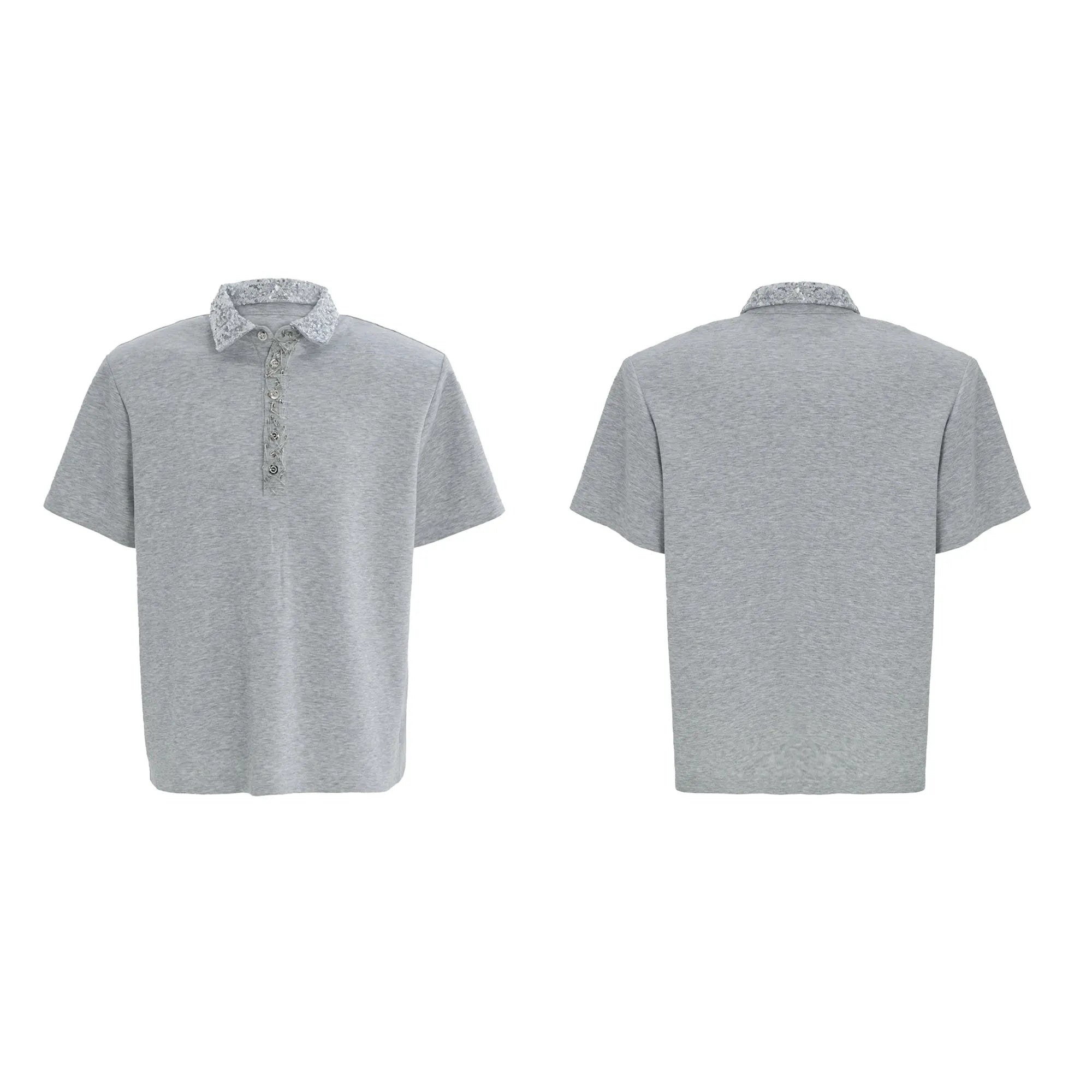 Men's black loose-fit polo shirt with heavy embroidery and sequin detailing on the front.