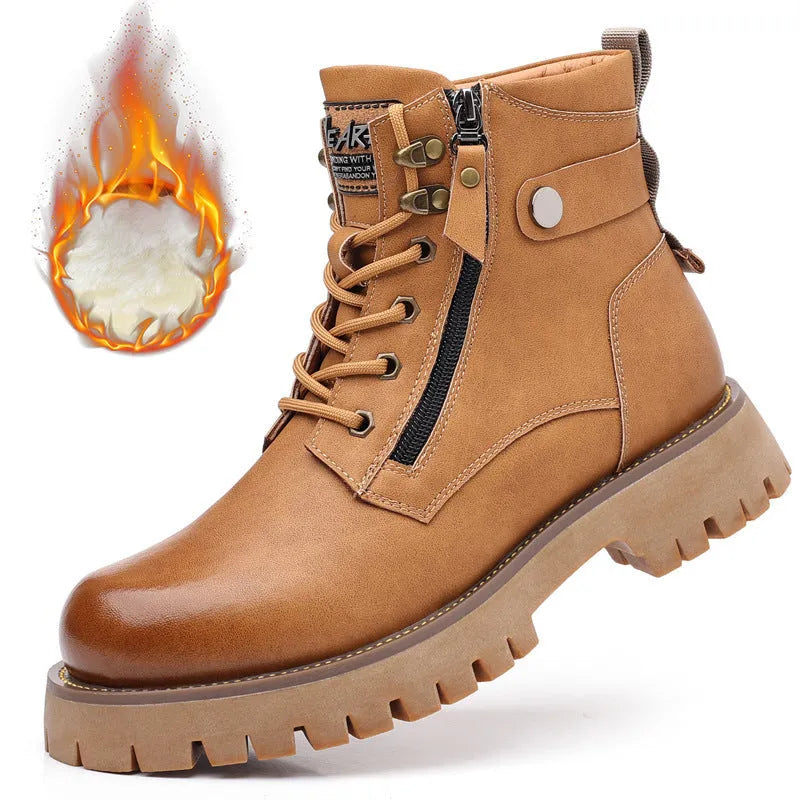 Men's brown leather high-top boot with side zipper and round toe on a rubber sole.