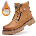 Men's brown leather high-top boot with side zipper and round toe on a rubber sole.