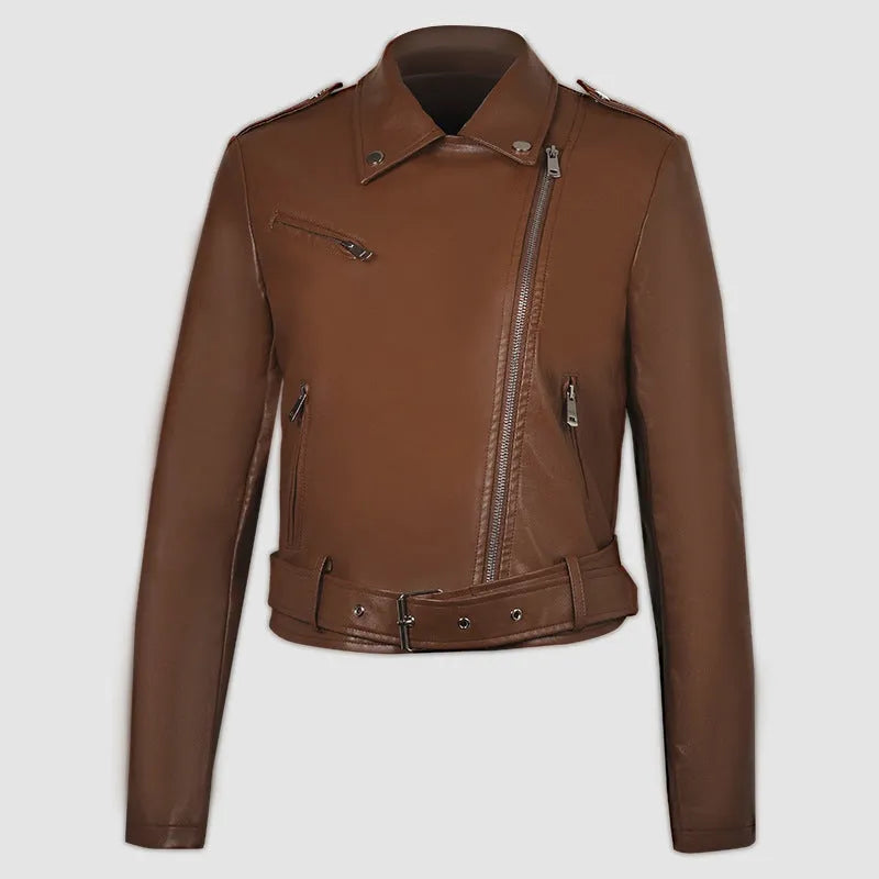 Women's black PU leather motorcycle-style jacket with lapel collar and waist belt on a hanger