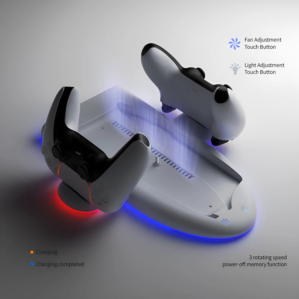 White PS5 Slim charging dock station with RGB lighting, cooling fan and fixed charger belt