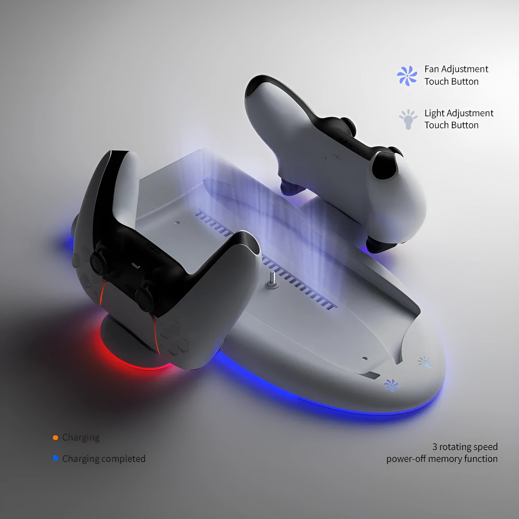 White PS5 Slim charging dock station with RGB lighting, cooling fan and fixed charger belt