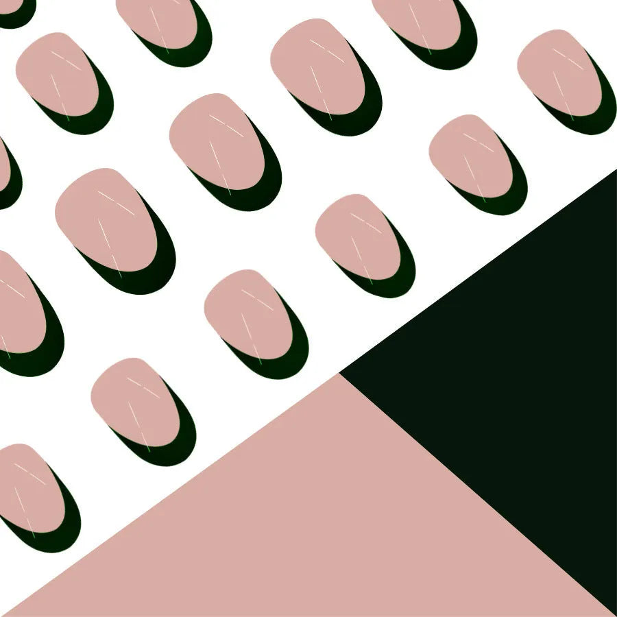 Black French style false nails set with 24 almond-shaped pieces in J049 colour classification