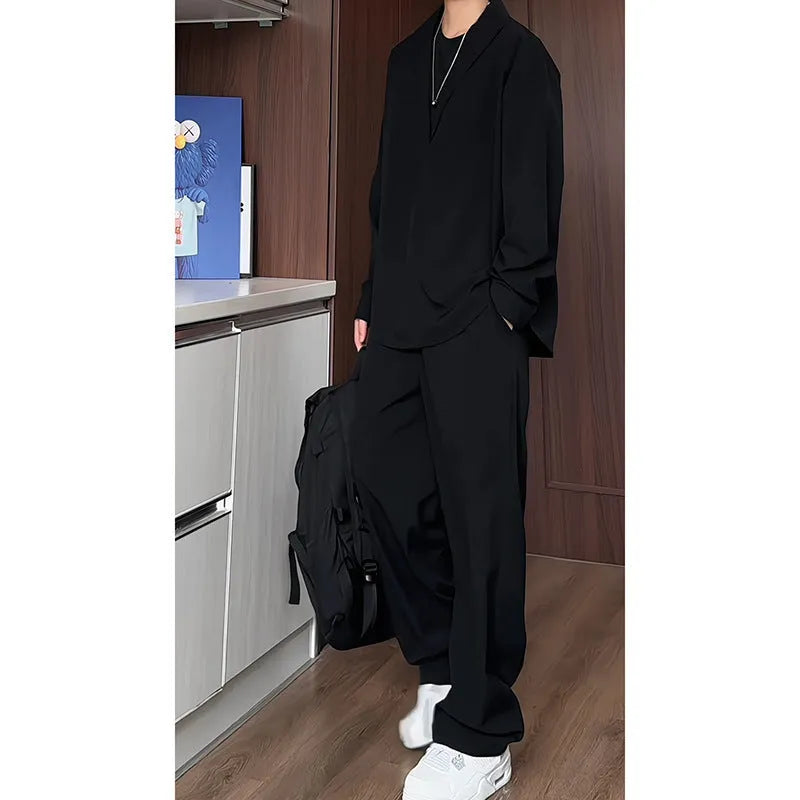 Men's apricot-coloured hemp-blend polo shirt and trousers two-piece casual suit on a hanger.