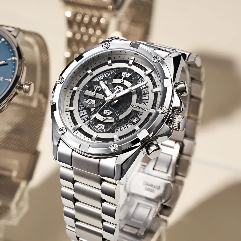 Men's stainless steel casual watch with luminous hands on wrist, showing blue dial and black case option.