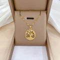 Gold-plated lucky tree necklace with mother pearl pendant on adjustable stainless steel chain