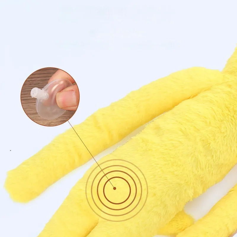 Large pink and yellow plush dog toy with sounding rattle, crinkle paper and chewing texture features