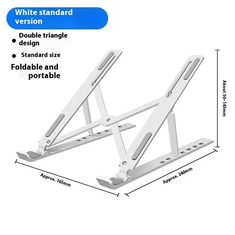 Silver aluminium alloy folding laptop stand with silicone padding for 16-inch or 18-inch devices