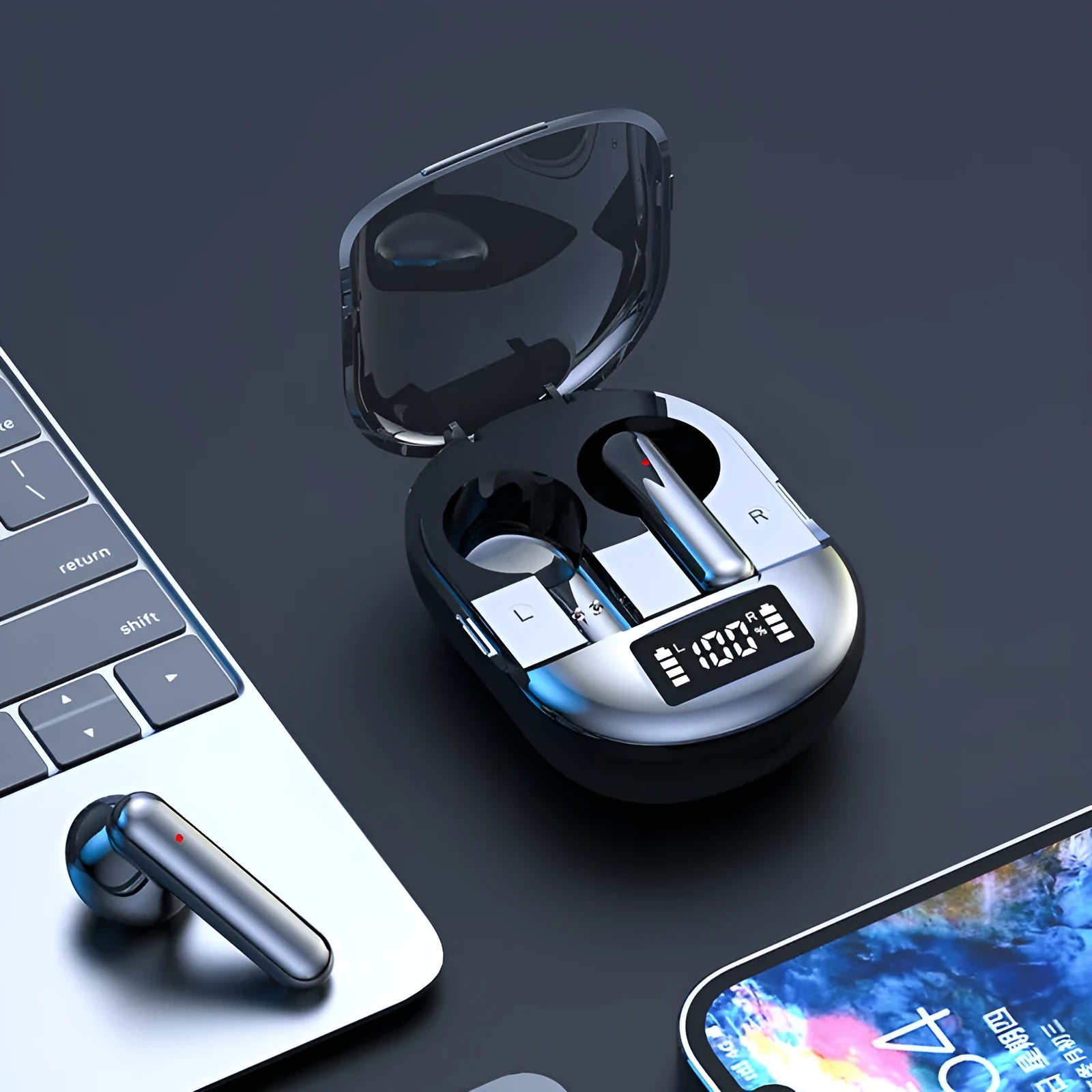 Black and white wireless Bluetooth in-ear earphones with a compact charging case.