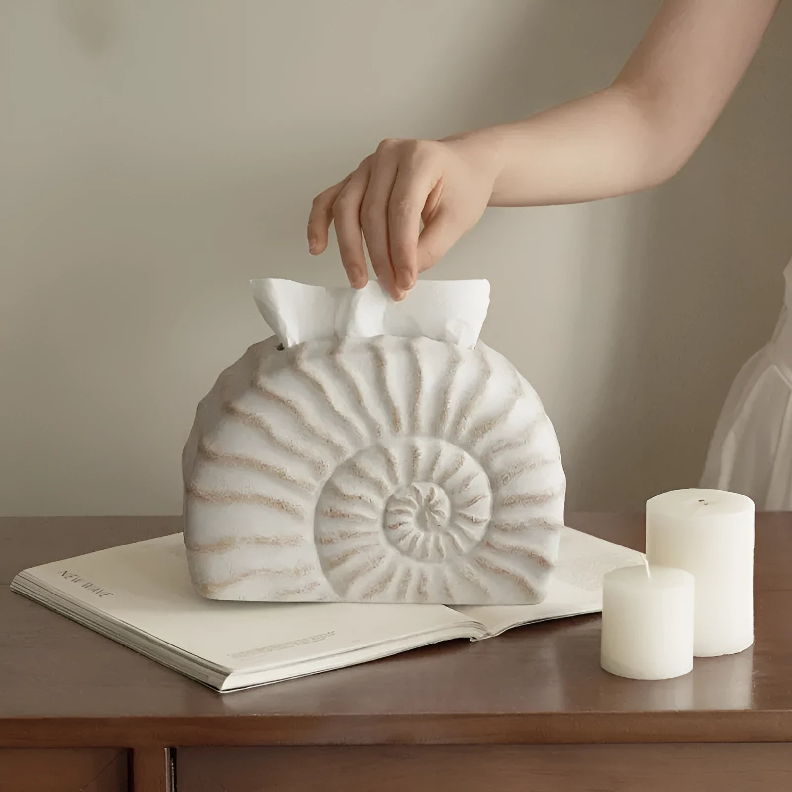 Resin tissue box cover with conch shell design in conch ramble colour