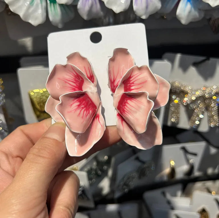 Pastoral style alloy flower stud earrings with oil-spot glaze finish in blue, green, purple, or rose colours