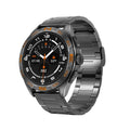 Smart watch displaying health metrics on IPS screen, in black steel colour with metal strap.
