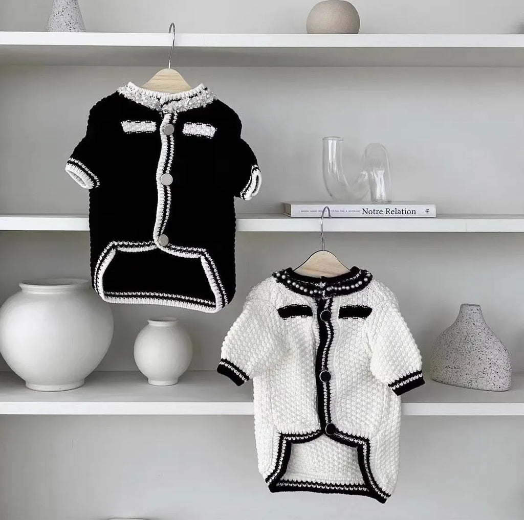 Korean style white puppy sweater with pearl collar for small dogs