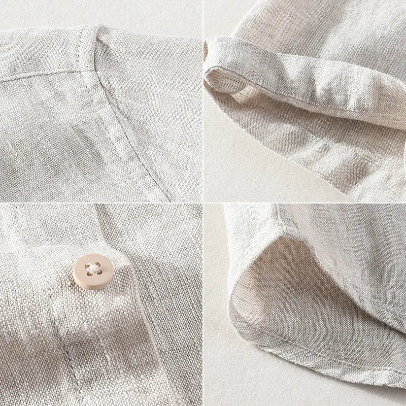 Men's casual linen shirt with square collar and short sleeves in cardigan style