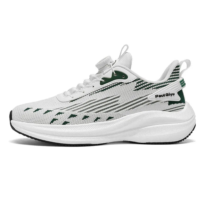 Men's white green rotating buckle fly-kit mesh casual sports running shoes with TPU sole